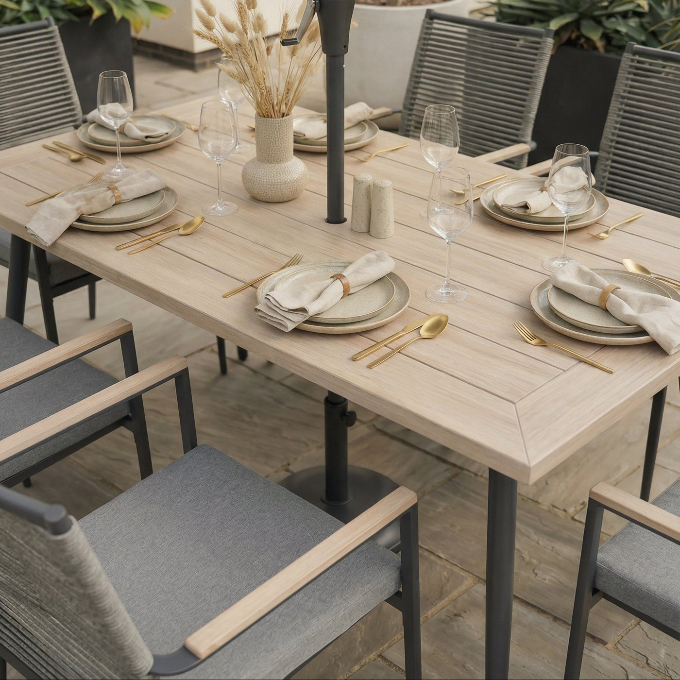 Merano 6 Seat Dining Set with 170x90cm Table Includes Parasol & Base