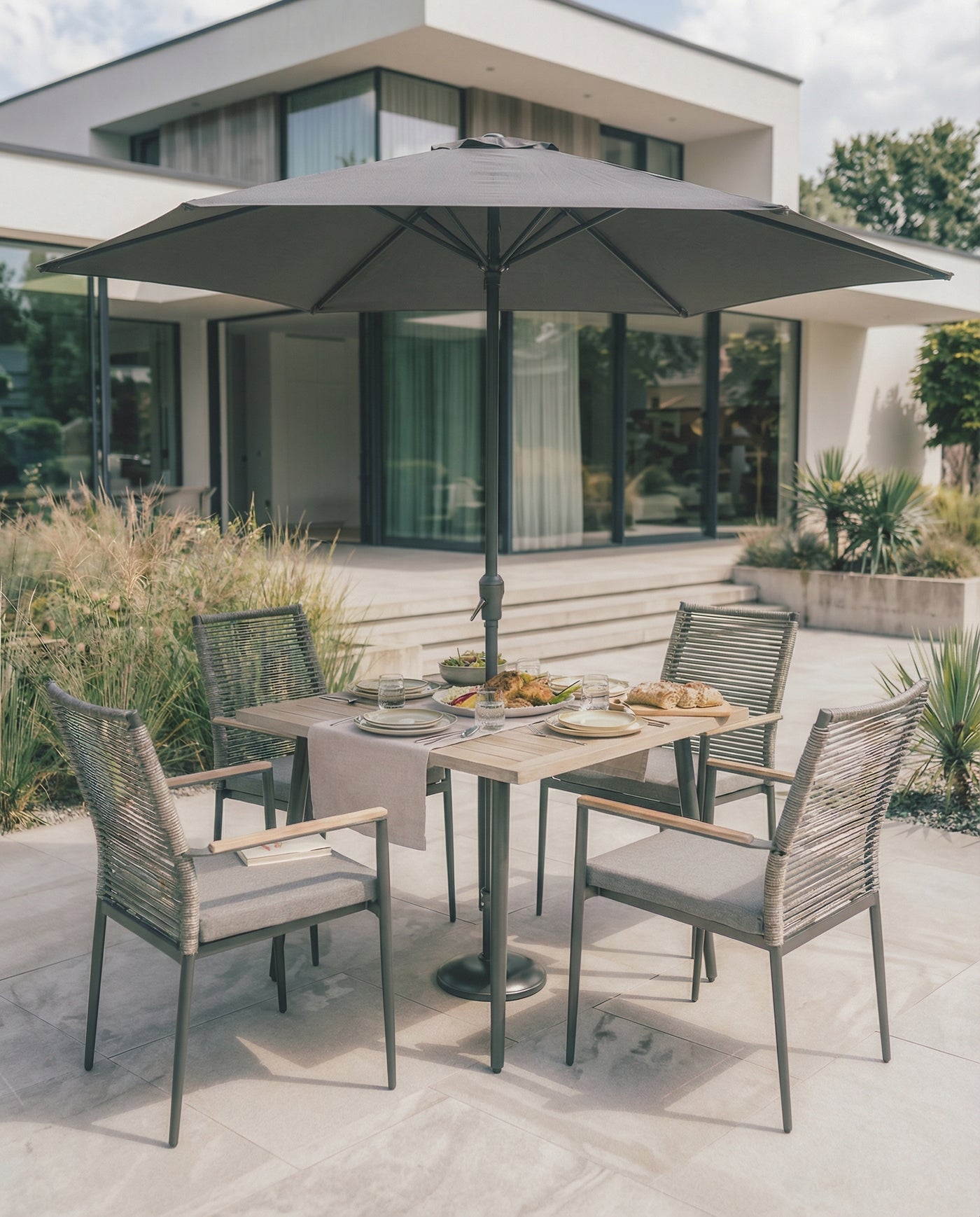 Merano Aluminium 4 Seat Dining Set With a Parasol & Base