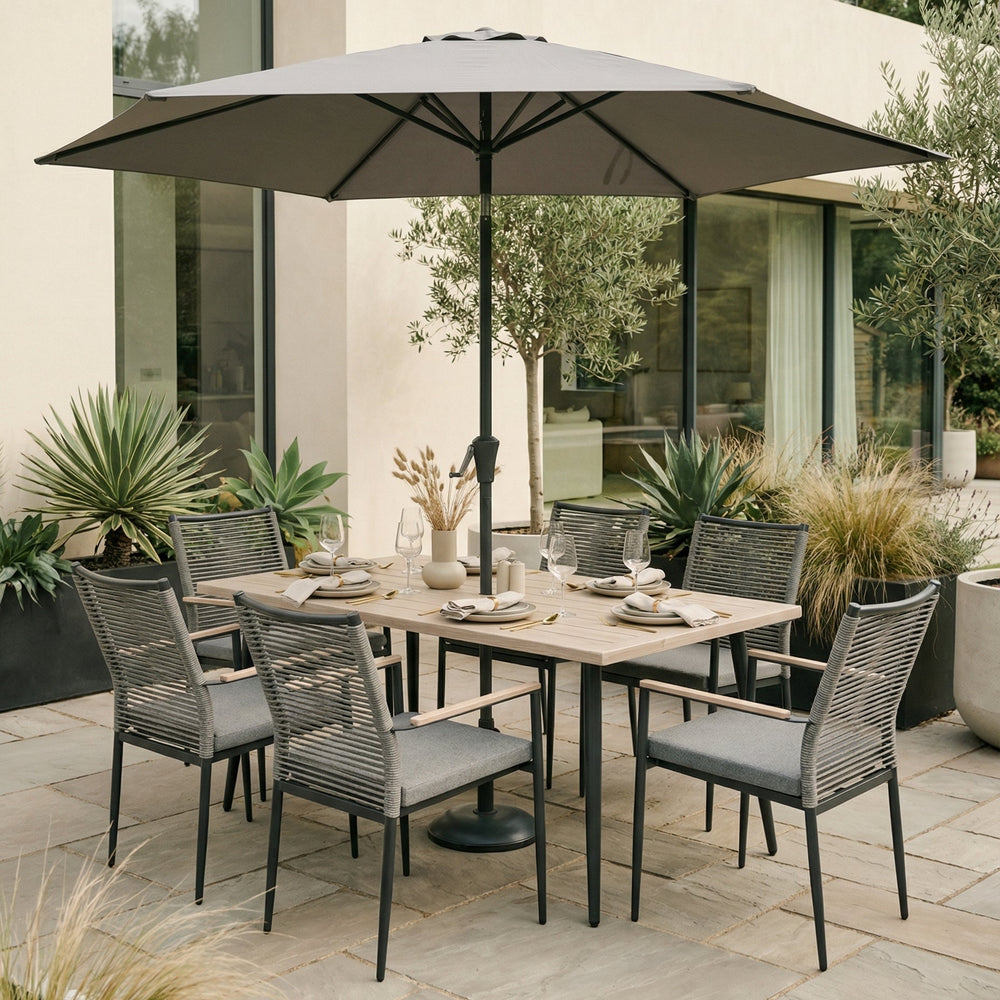 Merano 6 Seat Dining Set with 170x90cm Table Includes Parasol & Base