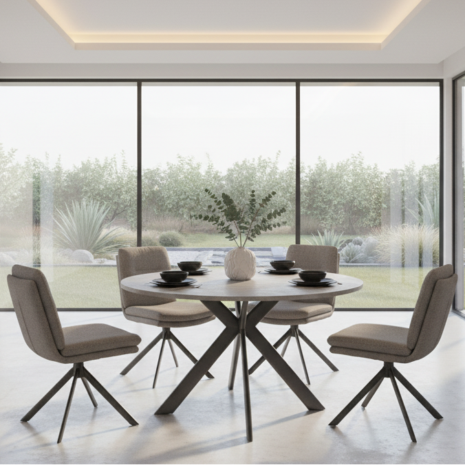 Modern dining room with the Boston Round Dining table and 4 Dining chairs near large windows with a view of greenery.