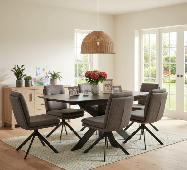 Dining room  with the Vermont Extendable Dining Table and 6 Joey auto swivel Dining chairs. 