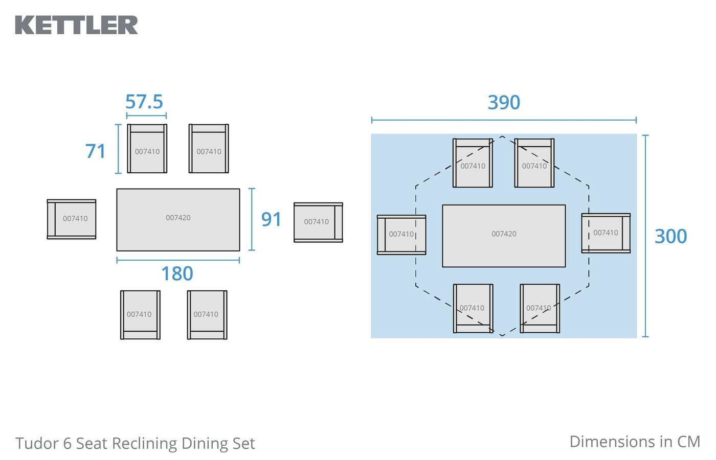 Tudor 6 Seat Reclining Dining Set with Parasol & Base