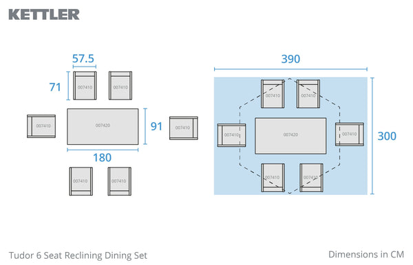 Tudor 6 Seat Reclining Dining Set with Parasol & Base