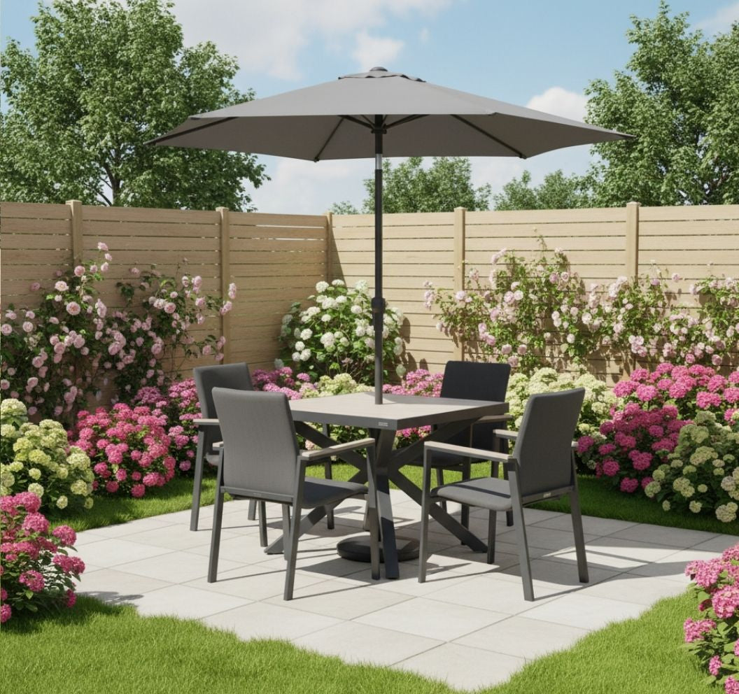 Tudor 4 Seat Dining Set with Parasol & Base