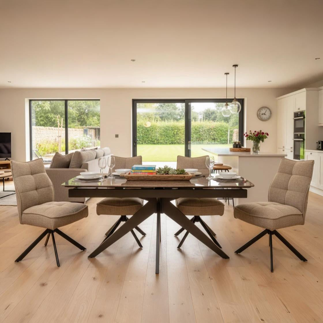 Lorenzo 4 Seat Dining Set with Ceramic Glass Extendable Table with Auto Swivel Chairs