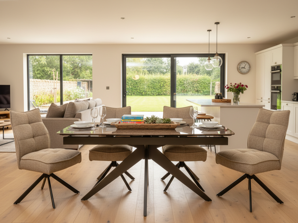 Lorenzo 4 Seat Dining Set with Ceramic Glass Extendable Table with Auto Swivel Chairs