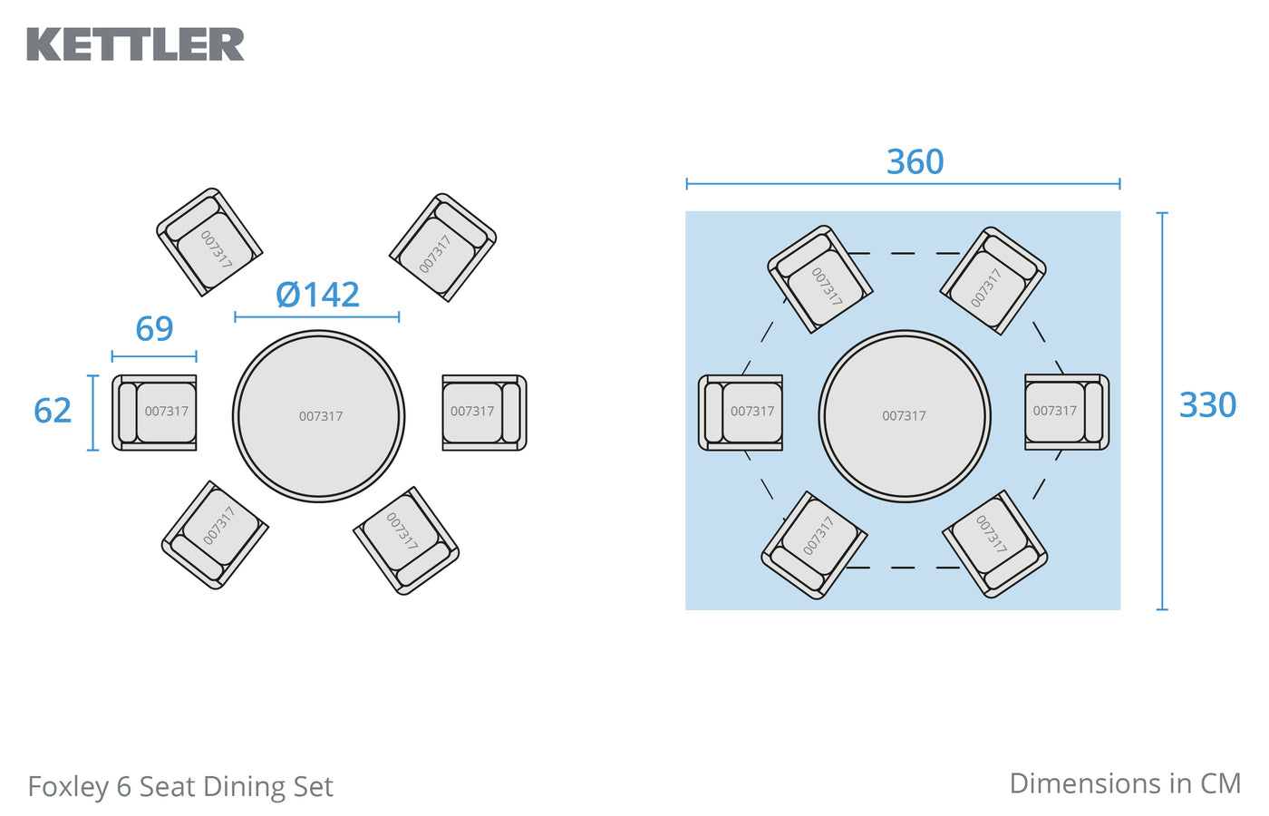 Foxley 6 Seat Dining Set with 140cm Round Table including parasol and base
