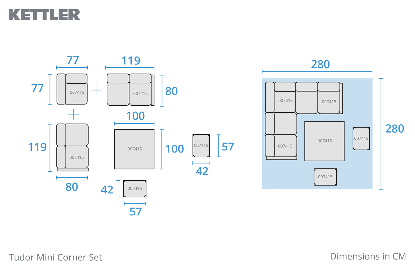 Tudor Mini Corner Set with 2 Footstools and Square High/Low Table