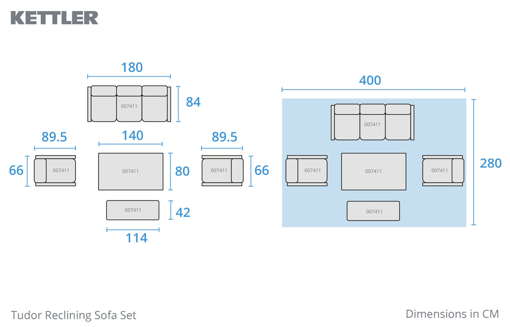 Tudor 5 Seat Aluminium Sofa Set with Reclining Chairs and 140x80cm Table