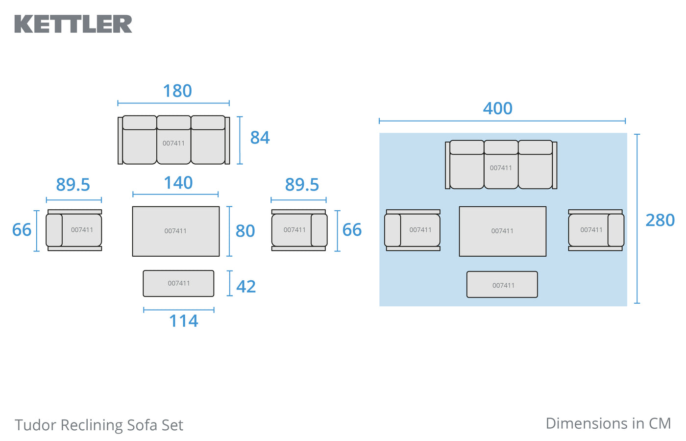 Tudor 5 Seat Aluminium Sofa Set with Reclining Chairs and 140x80cm Table