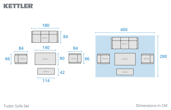 Tudor 5 Seat Sofa Set with Lounge Armchairs & High/Low Table