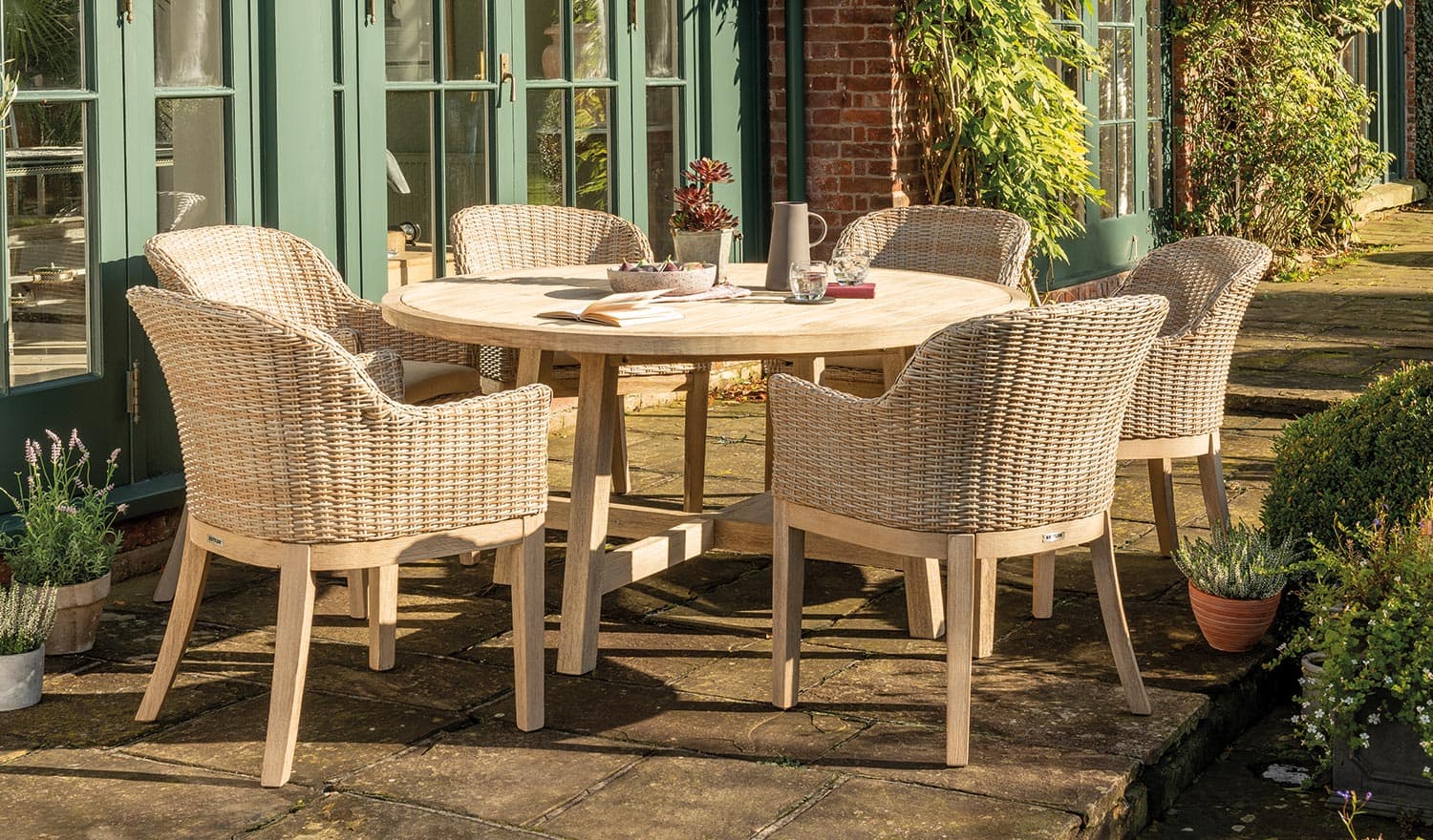 Cora 150cm Round Dining Table 6 Seater, Round Wood Outdoor Table And Chairs