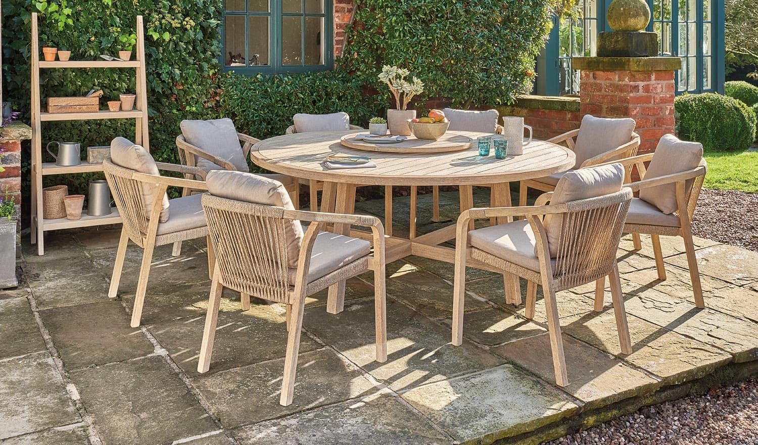 Cora 180cm Round Dining Table 8 Seater, Wooden Round Garden Table And Chairs Set