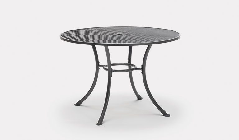 Henley 110cm Round Mesh Table in Iron Grey from the KETTLER at John Lewis metal garden furniture range on a grey background.