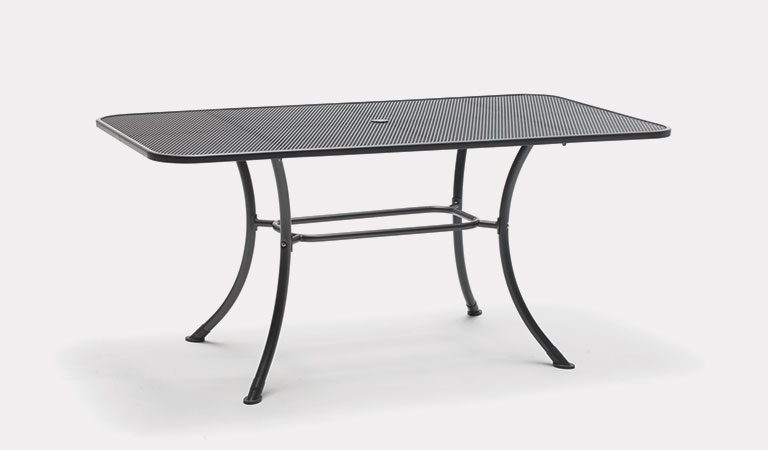 Henley 160x90cm Mesh Table in Iron Grey from the KETTLER at John Lewis metal garden furniture range on a grey background.