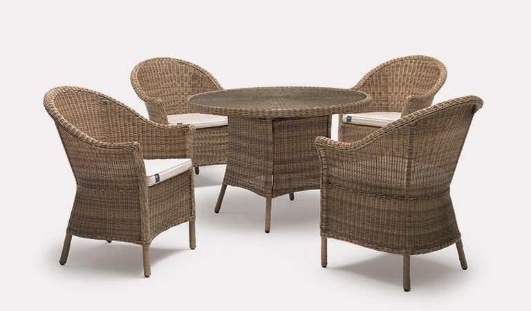 RHS Harlow Carr 4 Seater Dining Set, from the RHS by KETTLER Garden furniture range, on a grey background.