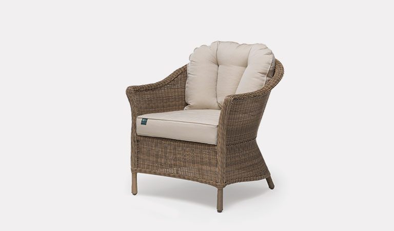 RHS Harlow Carr Armchair with cushions from the RHS by KETTLER garden furniture range on a grey background.