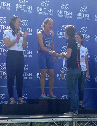 Mireille Cook receiving her Gold medal at the British Triathlon National Championships.