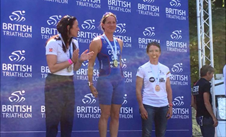 Mireille Cook winning Gold at the British Triathlon National Championships.