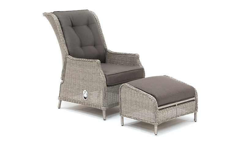 Classic recliner with footstool in white wash finish from KETTLER's Classic garden furniture range on a white background.