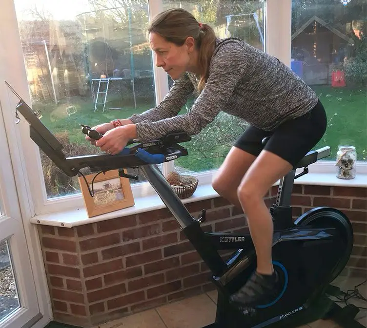 Mireille Cook training at home on her Kettler Racer S Indoor Training Bike.