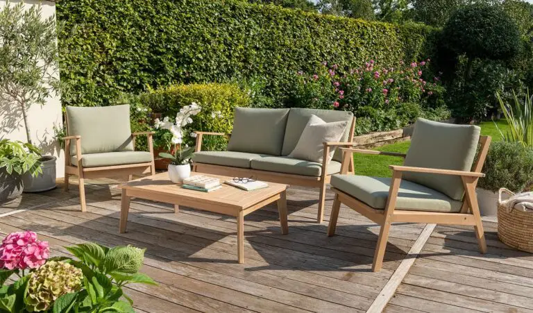 RHS Hampton coffee table set on garden decking