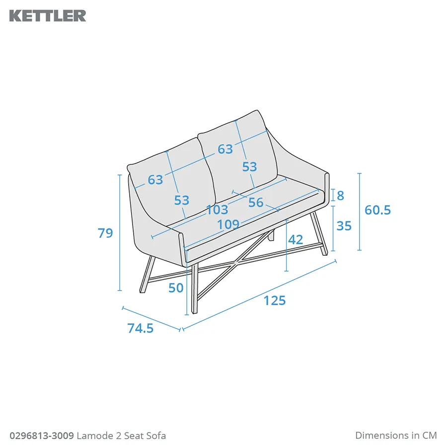 Dimension drawing for lamode 2 seat sofa
