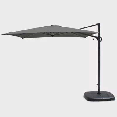 2.5m square free arm parasol in slate set up on white background