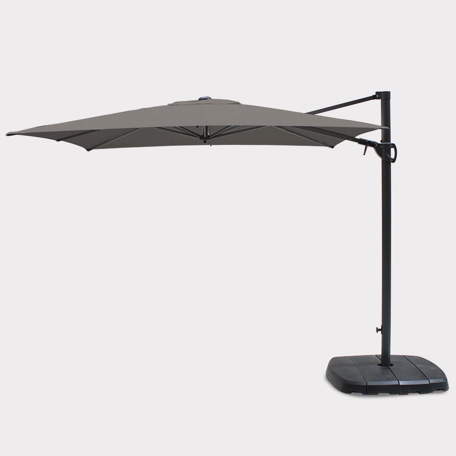 2.5m square free arm parasol in taupe set up on white background