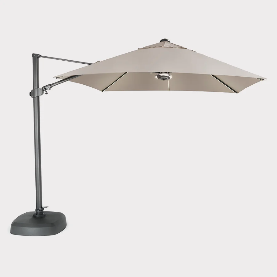 Square free arm parasol in stone on white background