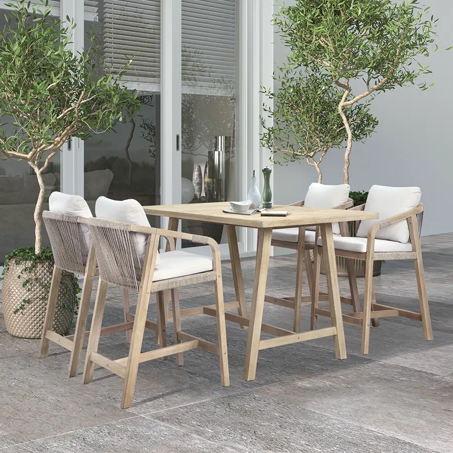 4 seat cora rope bar set with rectangular table made from fsc certified acacia wood set on garden patio