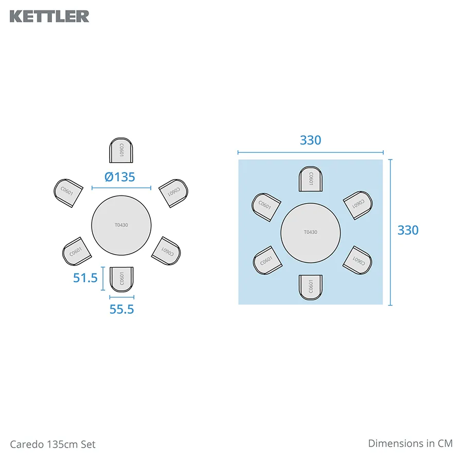 Caredo 6 seat round dining set footprint dimensions