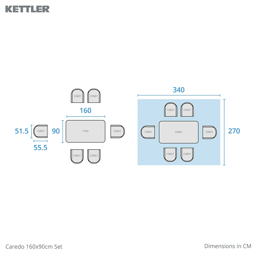 Caredo 6 seat retangular set footprint dimensions