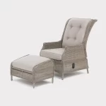Palma recliner and footstool in upright position on oyster colour wicker with stone cushions