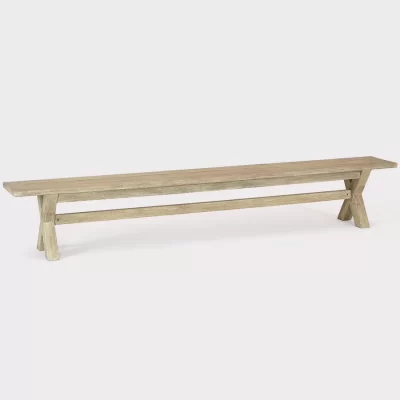 cora 270cm crossed leg wooden bench on a plain white background