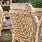 Cora rope dining chair detail made from fsc acacia wood on garden patio
