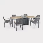 elba 6 seat dining set with elba fire pit station in grey on a plain white background