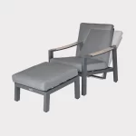 Elba relaxer and footstool in grey on a plain white background showing back rest in various positions