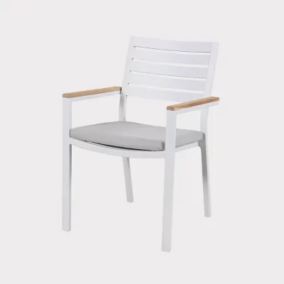 Elba dining chair in white with stone cushion on a plain white background