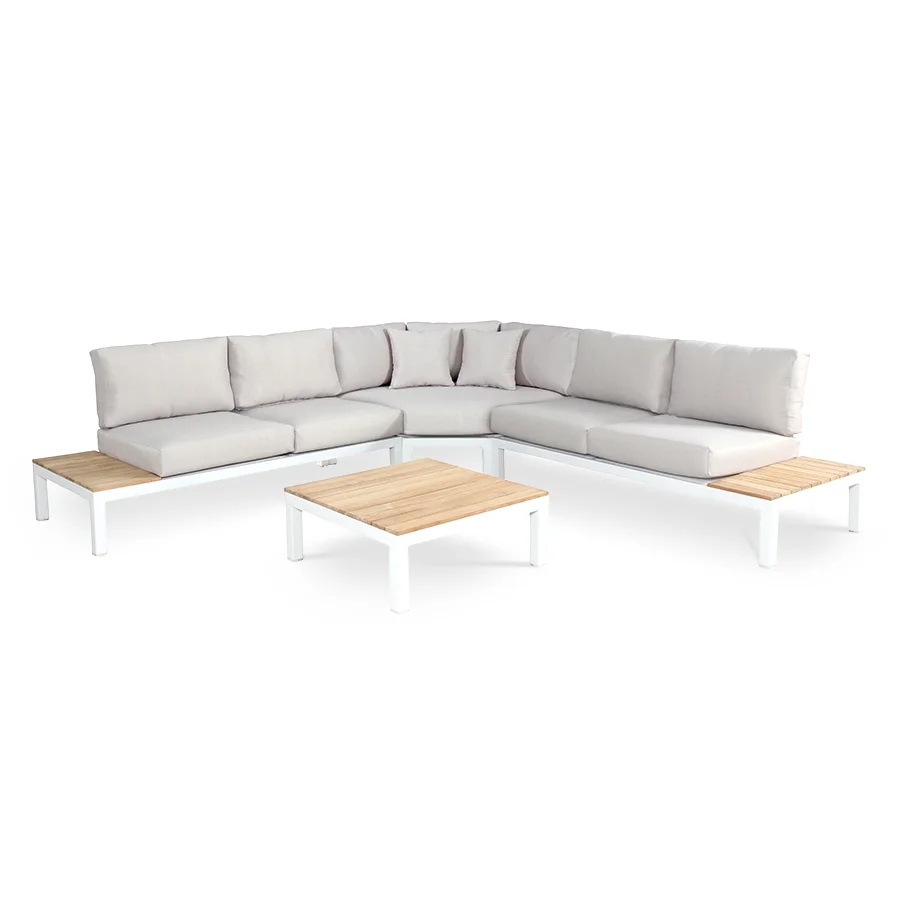 elba low lounge sof set with large corner sofa in white with stone cushions on a plain white background