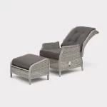 Palma recliner and footstool in upright position on white wash colour wicker with grey cushions
