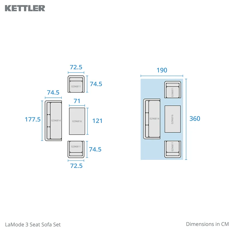 LaMode lounge set with 3 seat sofa set footprint dimensions