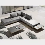 Aerial veiw of Mali Low lounge corner set with coffee table on modern garden terrace in the sun shine