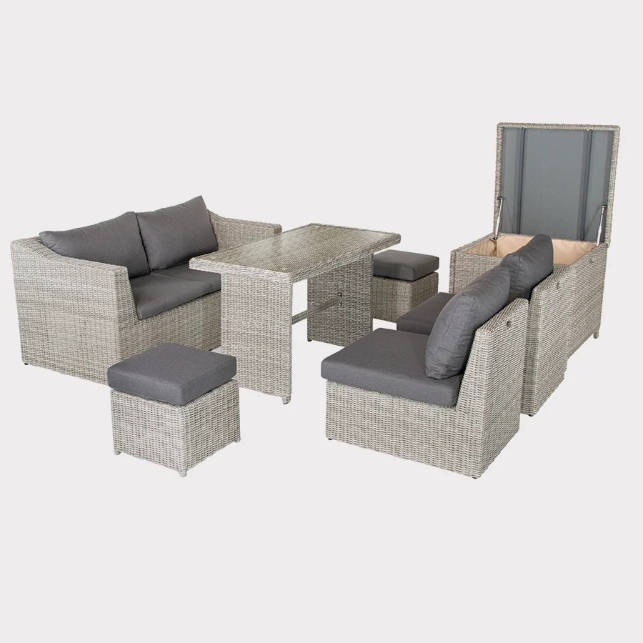 Palma compact sofa set in white wash wicker with grey cushions on a plain white background