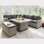 Palma Grande Corner set including bench in white wash wicker with grey cusions in a conservatory setting