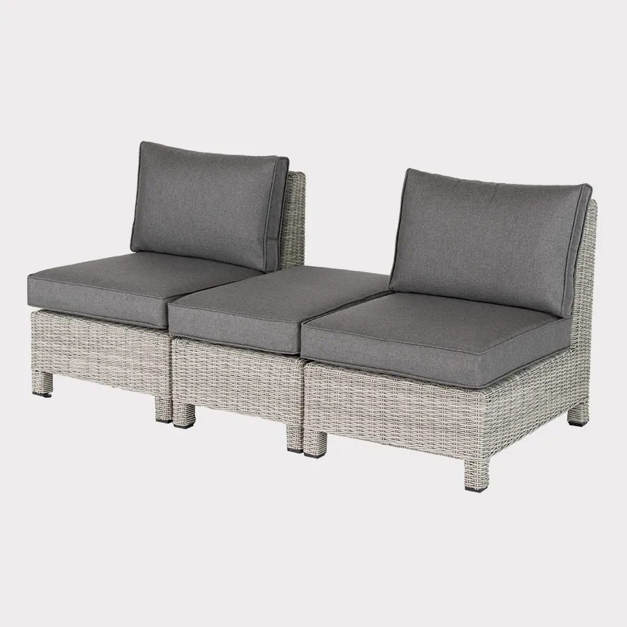 Palma Low Lounge companion set in white wash wicker with grey cushions on a plain white background
