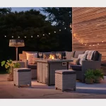 Palma mini fire pit table in white wash with aluminiun slats on garden patio in the evening with the fire lit and looking very cosy