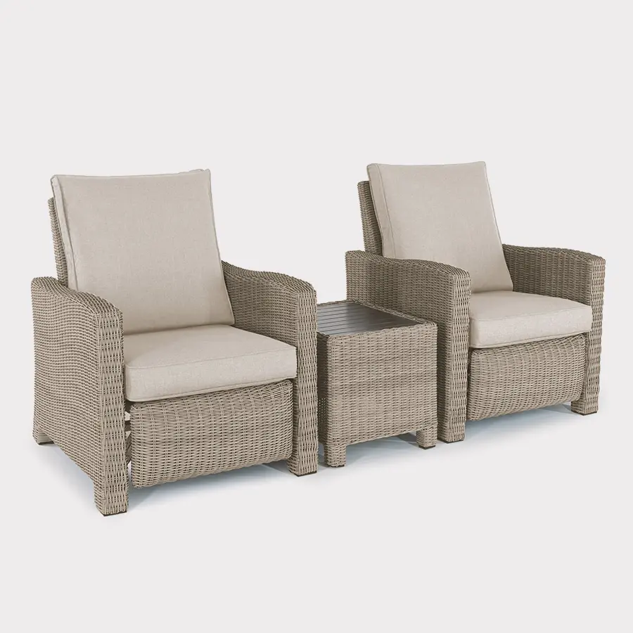 Palma Duo Relaxer set in oyster wicker with stone cushions on a plain white background
