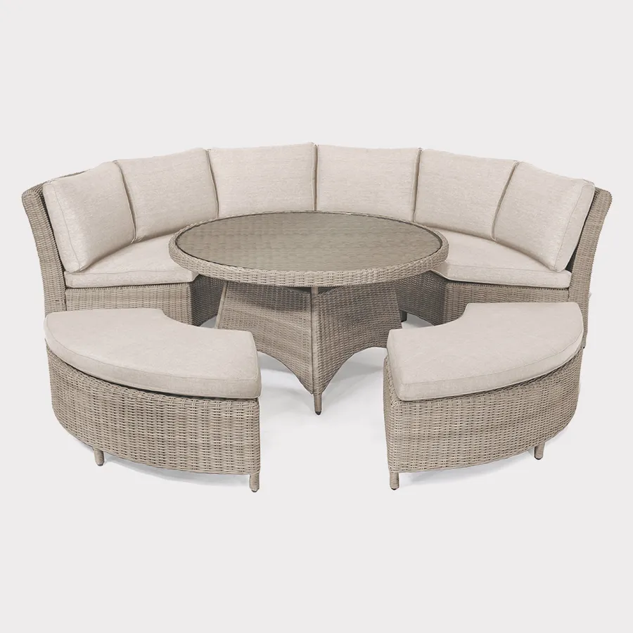 Palma casual dining round set in oyster wicker on a white background