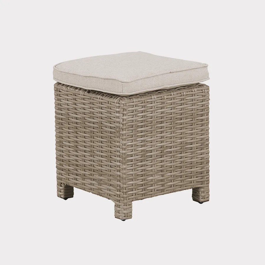 Palma Stool in Oyster Wicker with stone colour cushion on plain white background